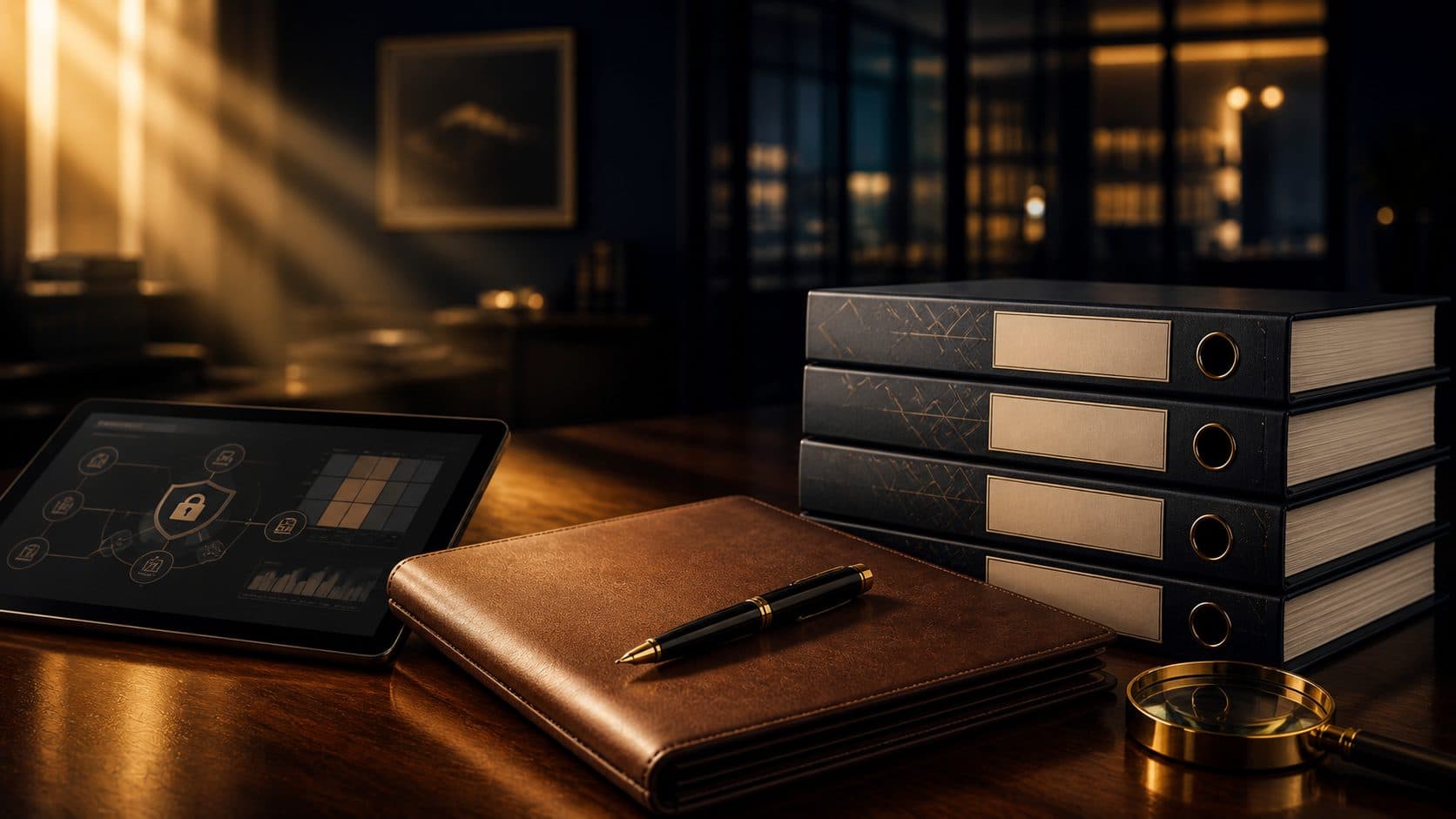 A leather portfolio with stacked binders and a tablet on a dark desk, representing a documented Information Security Management System