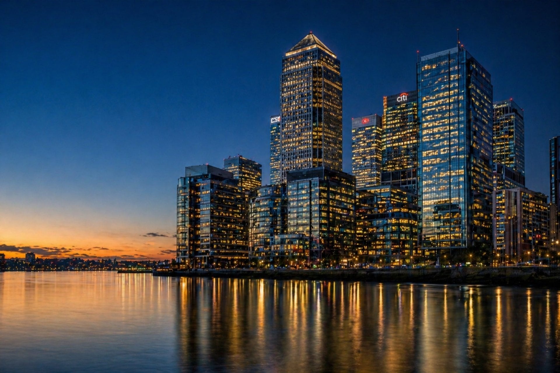 Canary Wharf financial district at night — 1 Sequence Cyber engages merchants, acquirers and enterprises across global finance