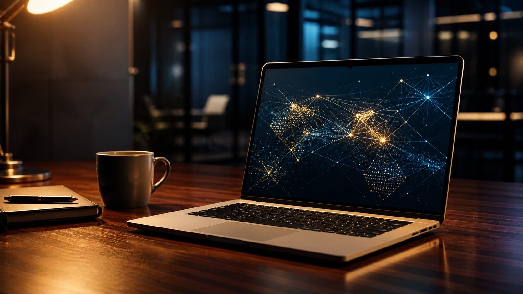 A laptop on a dark wooden desk displaying a glowing network and world-map visualisation, illustrating ongoing vulnerability scanning
