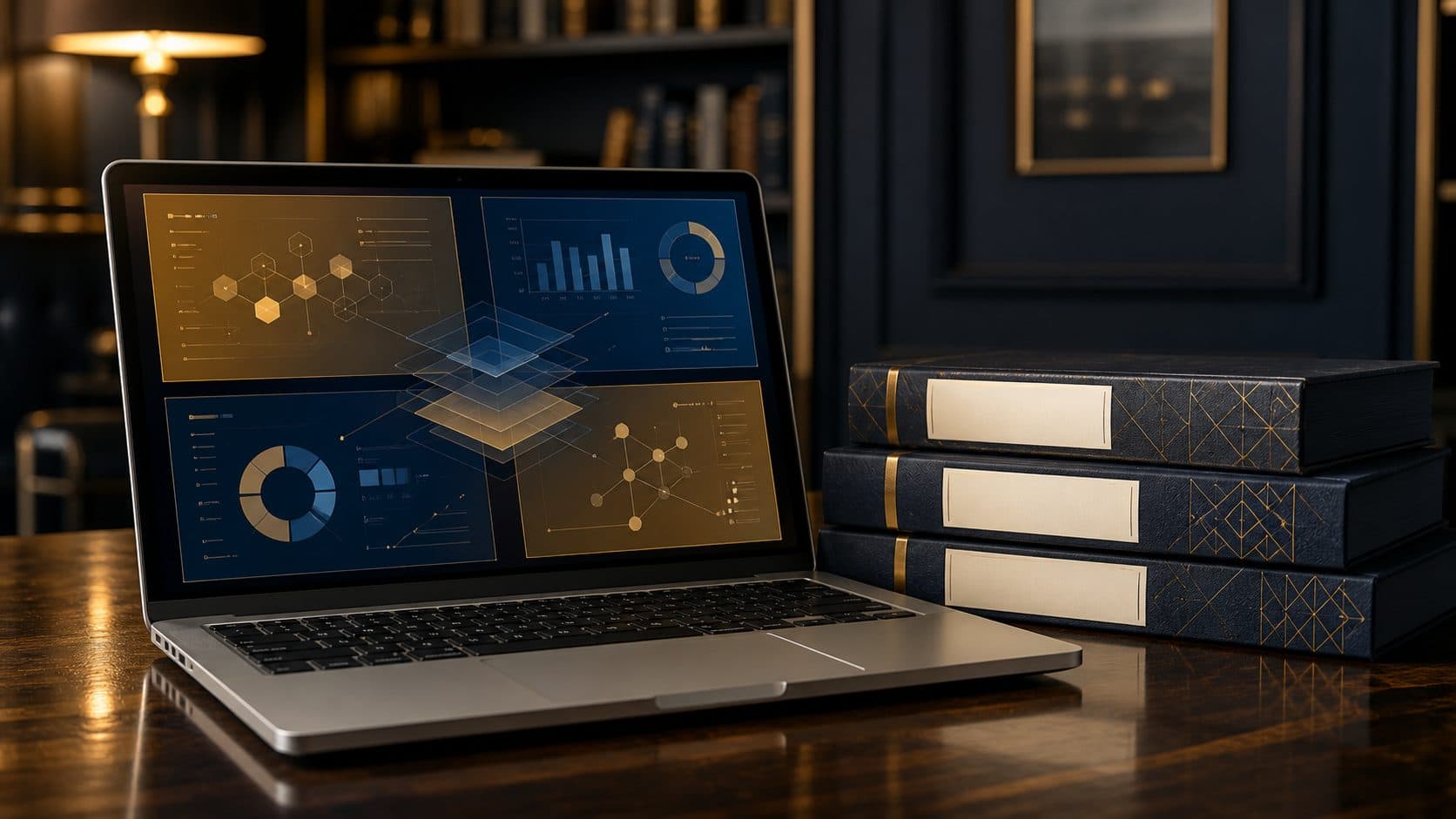 A performance analytics dashboard with charts and metrics on a laptop screen, illustrating governance and risk reporting