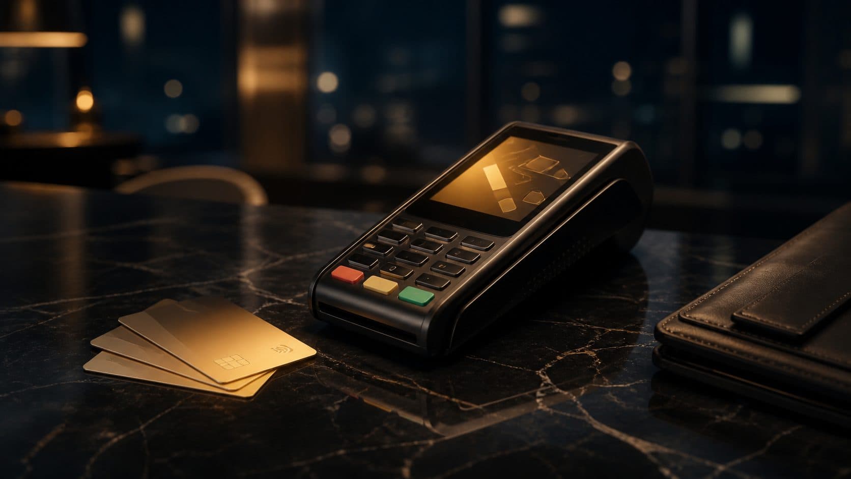 A payment terminal with cards resting on a dark marble surface, illustrating cardholder data security