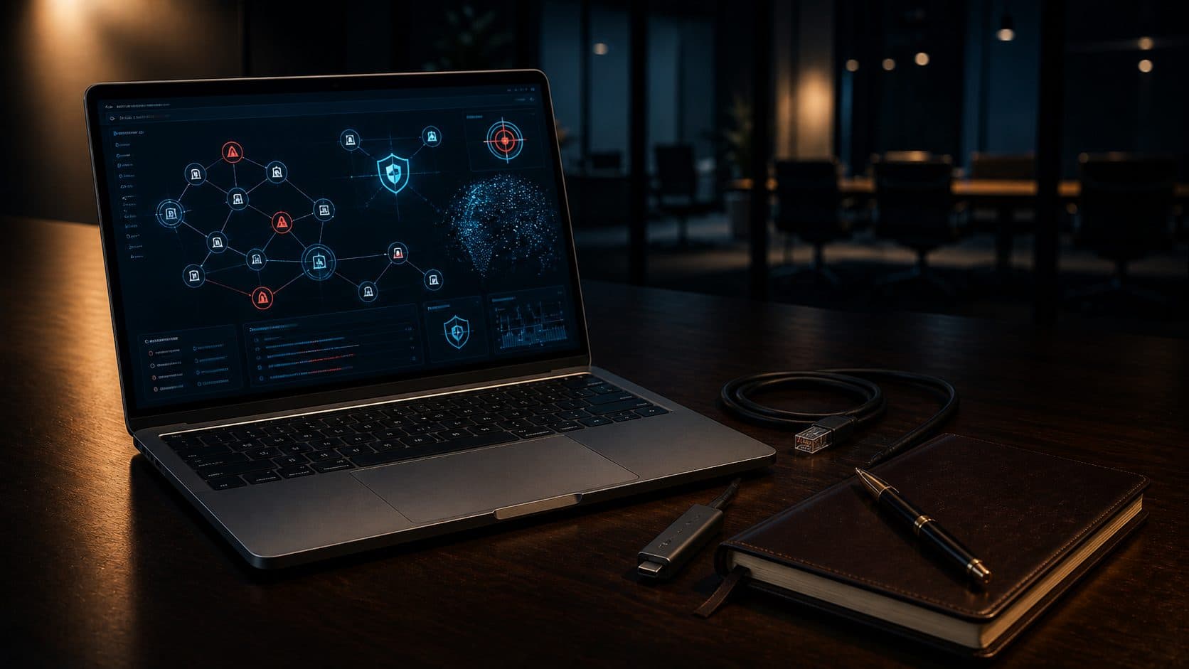 A laptop displaying abstract security visualisations on a dark desk with cable and notebook, illustrating manual application security testing