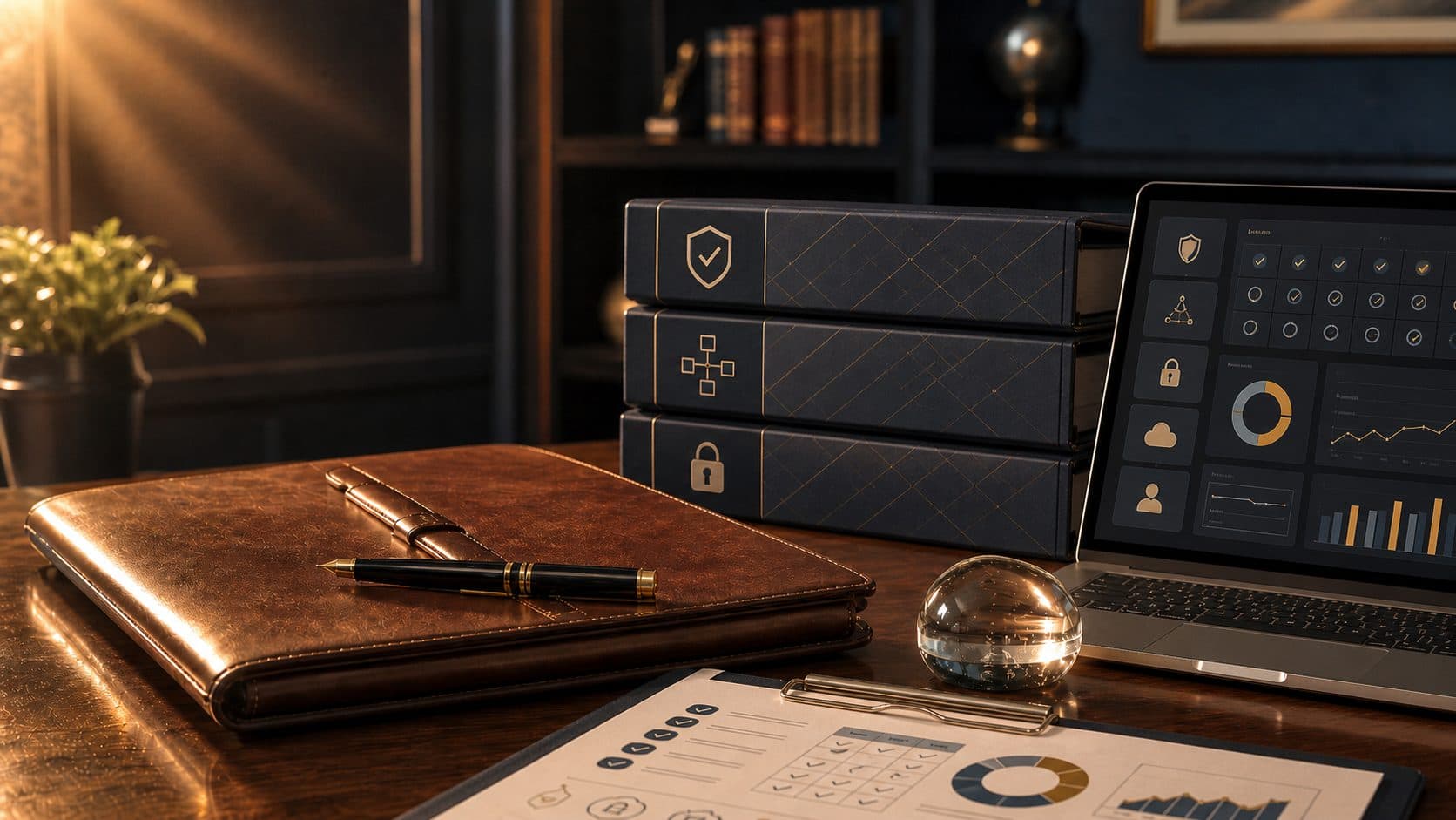 A laptop and ledger book on a dark wooden desk in a low-lit office, illustrating SOC 2 evidence and audit-grade reporting