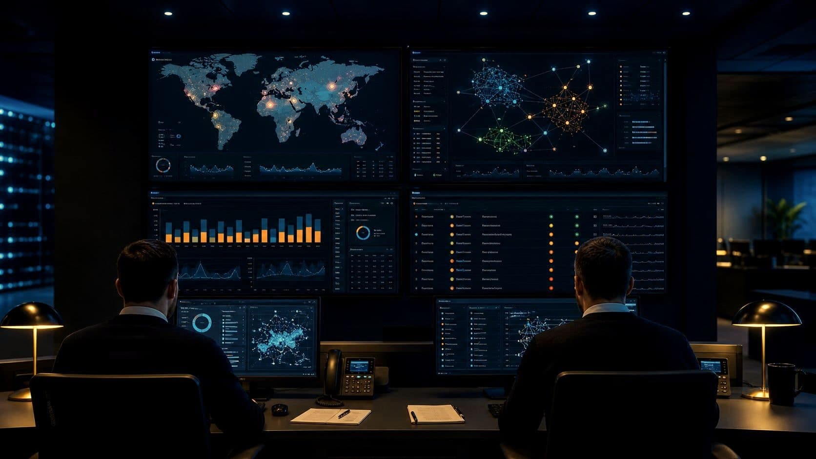 A SOC analyst workstation with a wall of monitoring dashboards, illustrating continuous 24×7 SOC monitoring and detection