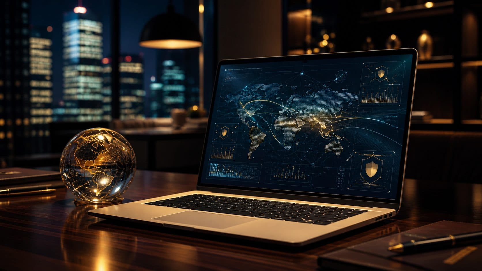 A laptop showing an abstract world-map data visualisation with a glass globe paperweight on a dark desk, illustrating financial-sector cybersecurity