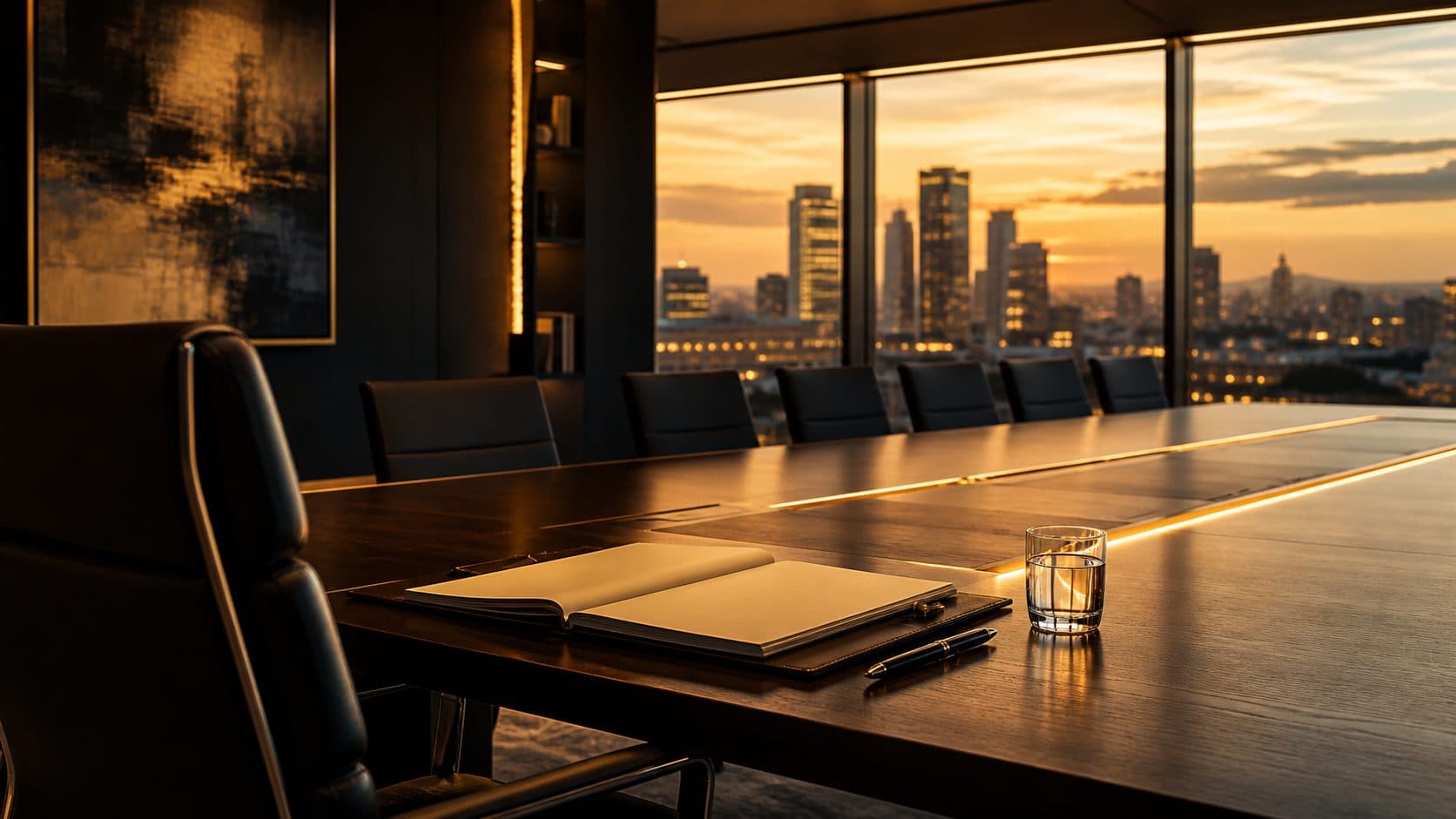 An empty boardroom at sunset with a city skyline through the window, illustrating leadership-level engagement