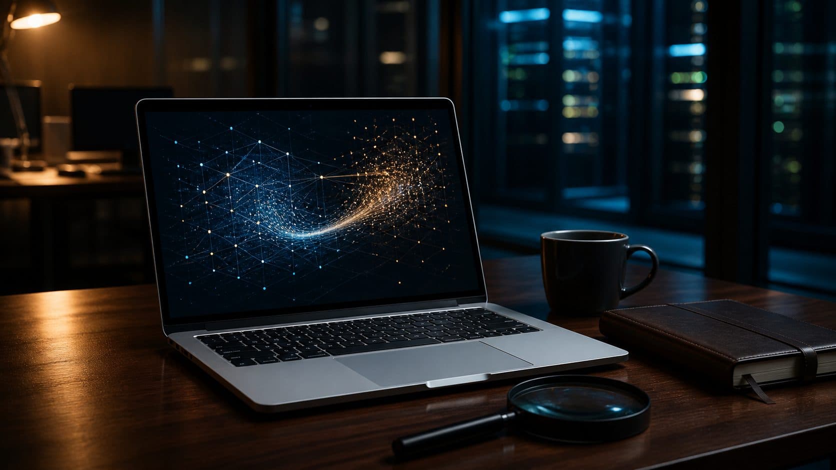 A laptop with a glowing data-flow visualisation and a magnifying glass on a dark wooden desk in front of server racks, illustrating cardholder-data discovery